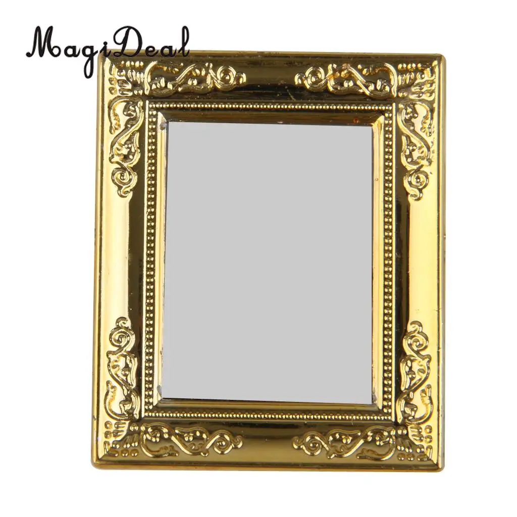 MagiDeal Fashion Design 1Pc 1/12 Scale Dollhouse Golden Frame Mirror for Dolls Miniature Bathroom Furniture Kids Classic Toy