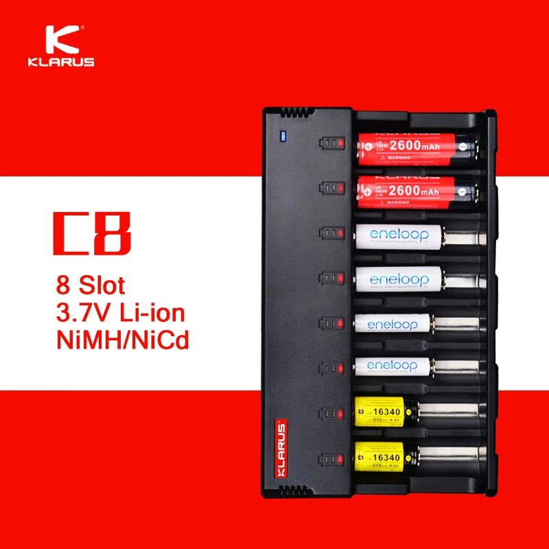 

Original Klarus C8 8 Slot Intelligent Battery Charger with 5V USB Output Power Bank Function for C AA AAA 18650 26650 14500 etc.