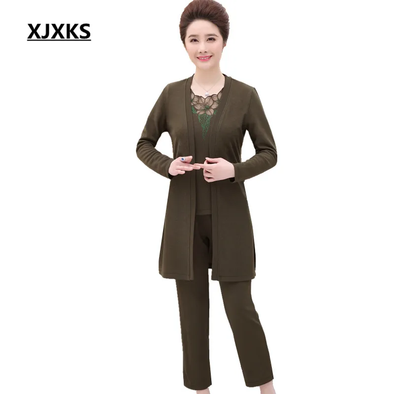 

XJXKS High Quality Fashionable Three Pieces Knitted Sets Large Size With Beading Pockets Top + Linen Coat + Pant
