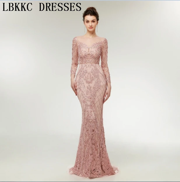Robe De Soiree длинное вечернее платье телесного и розового цвета с длинными рукавами