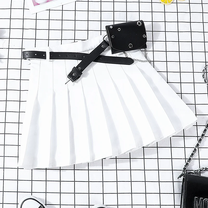 New Hip-hop Women's Harajuku Pleated Skirt Gothic Black High Waist Mini Skirts Cute Girls Punk A Line Short Skirt With Belt