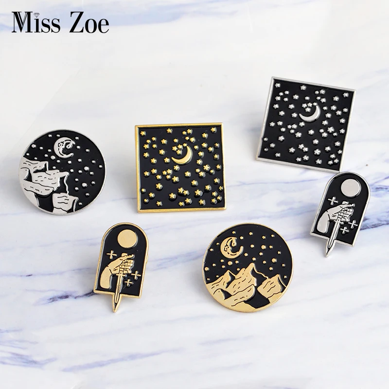 

Miss Zoe Starry pins Moonlight dagger moon star mountain Brooch Denim Jacket Lapel Pin Set Black Badge Fashion Gift for Friend