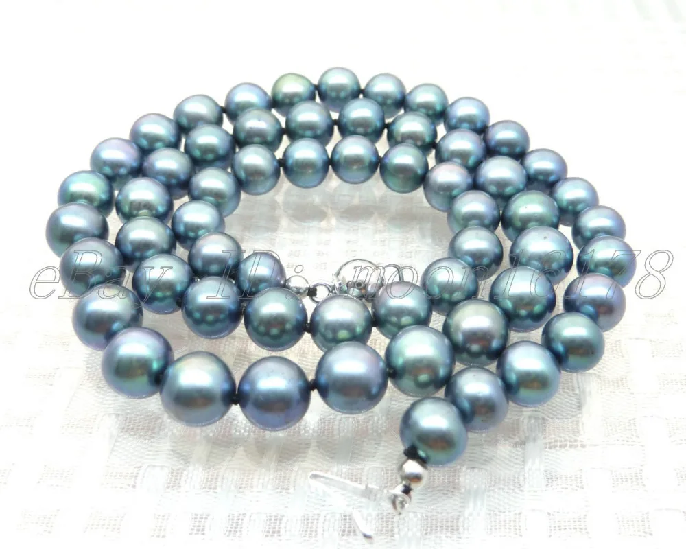 

FREE shipping>>>>>>7-7.5mm Peacock Green AAA Grade Akoya Pearl Necklace 17" new