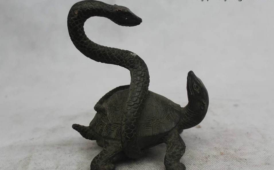 

6"Chinese Folk Pure Bronze excellent Lucky tortoise snake fight Statue