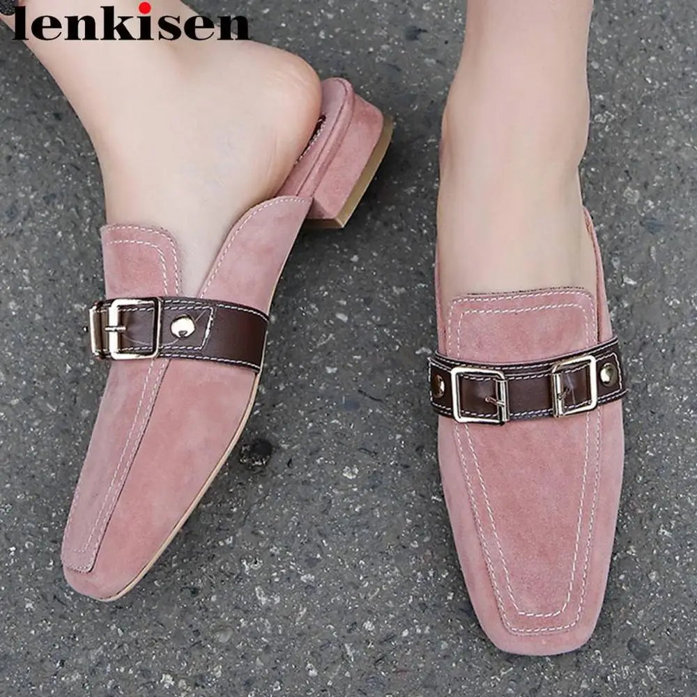 

Lenkisen mixed colors full grain leather slip on mules square toe women pumps buckle belt low heels pretty girls lady shoes L99