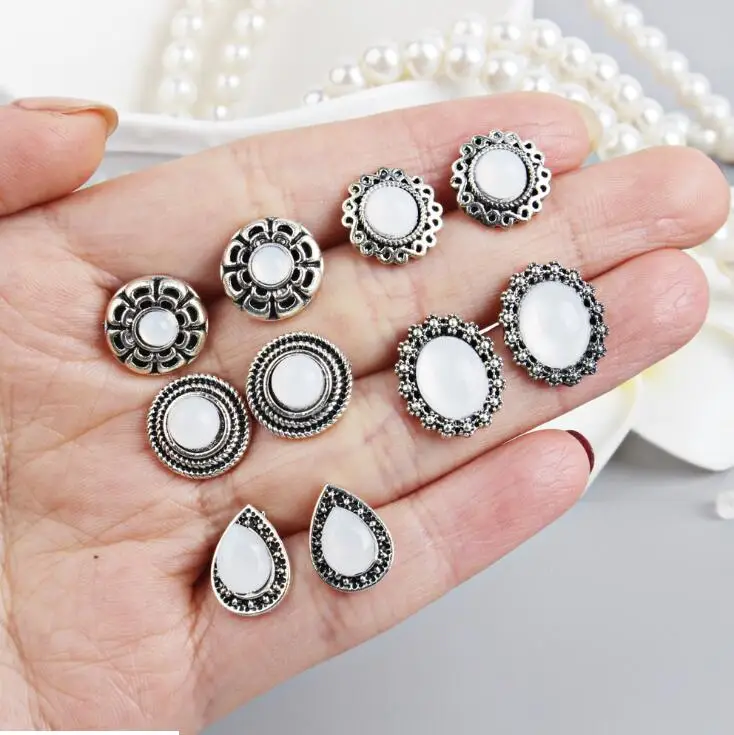 

5 Pairs/Set Big Opal Stud Earrings for Women Wedding Party Boucle D'oreille Earring Jewelry Dazzling Cubic Zirconia Brincos 2019