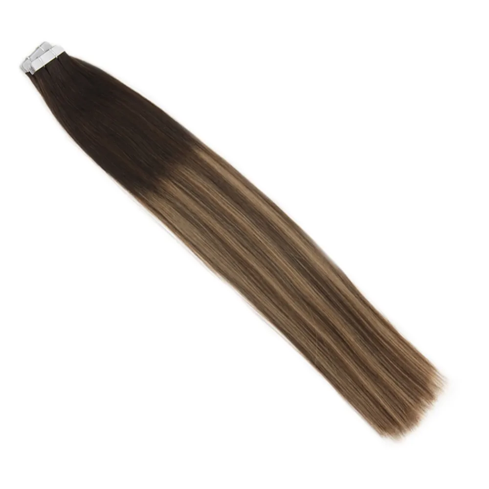 Moresoo Tape in Hair Extensions Human Hair Real Remy Hair Balayage Ombre Color #1B to #3 Brown Highlighted with #27 Blonde