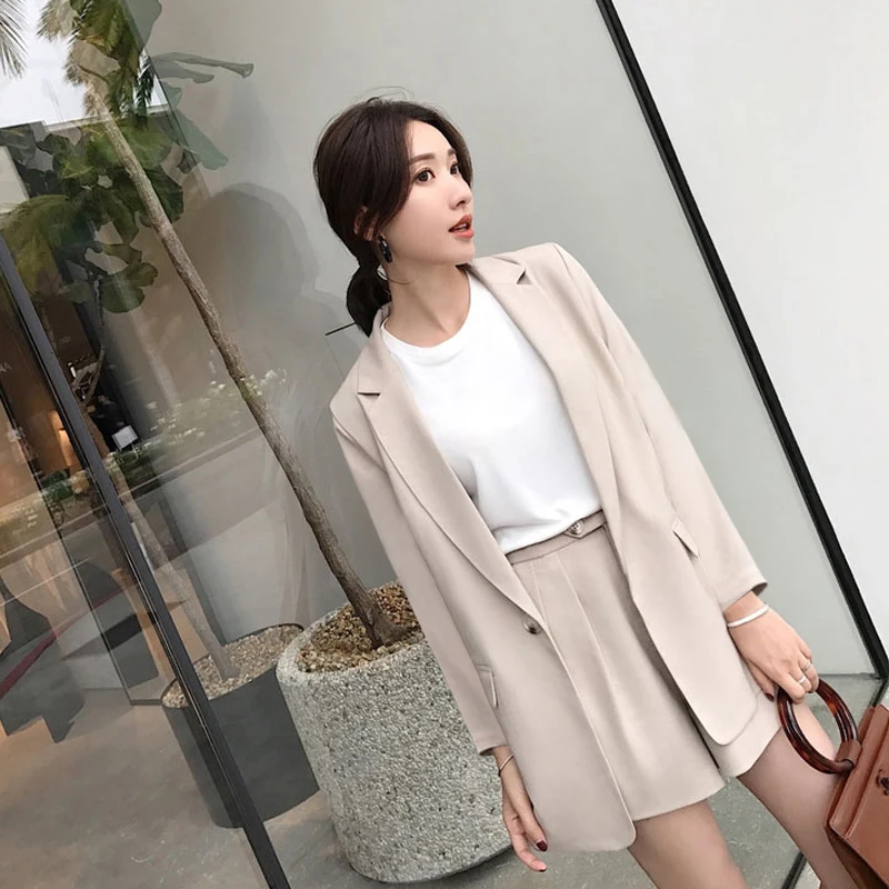 Black Apricot Pièces Automne full Pleine full Courtes short Pantalon D'été Occasionnel Femmes amp; Ensemble Feminino Femme Manches Costume 2 Blazer Veste Costumes 2019 Pour Black Apricot Hot Sleeve Short qHZHw4SF