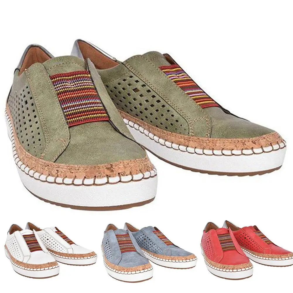 

Women Faux Leather Hollow Out Round Toe Sneakers Breathable Slip On Flat Shoes