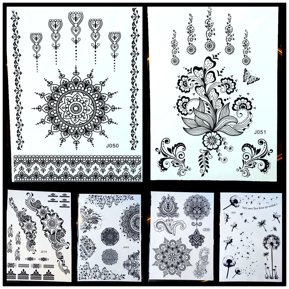 078 23 De Réductiongoldocean Yantra Mandala Noir Temporaire Tatouage Henné Pâte Imperméable Faux Tatouage Autocollant Femmes Dentelle Fleur Doigt