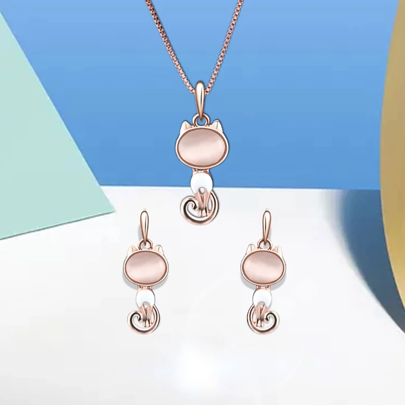 

1 Set Necklace Earrings Bride Wedding Women Jewelry Luxury Cartoon Cats Pendant Drop Ship W2952001