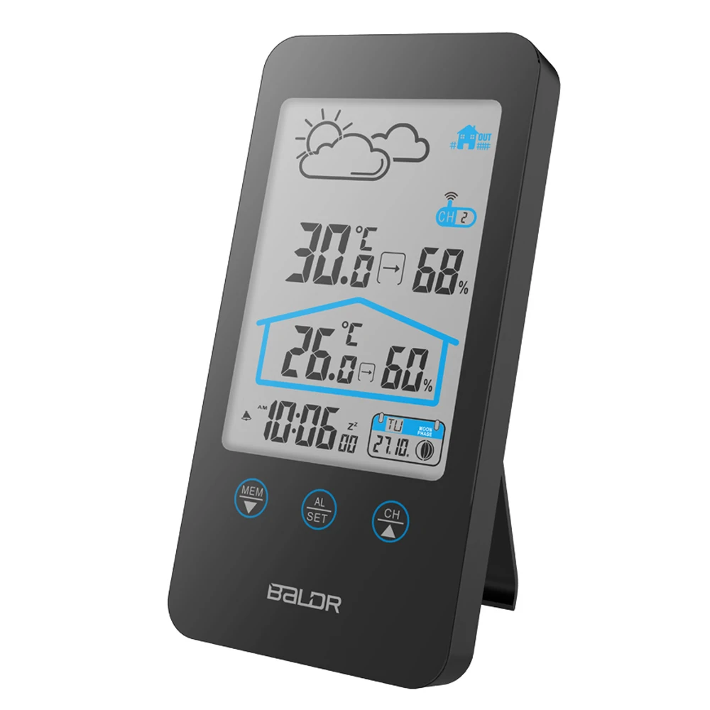 

Baldr Digital Weather Station Wireless Sensor Hygrometer Alarm Snooze Clock Humidity Temperature Forecast Moon Phase Thermometer