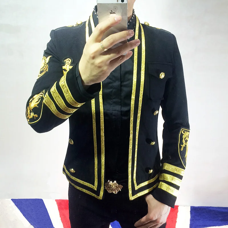 

Gold Badge Men Blazer Suits Jacket Military Flat Collar Embroidery Suit Male Singer Wedding Slim Fit Male Party Groom dj Costume