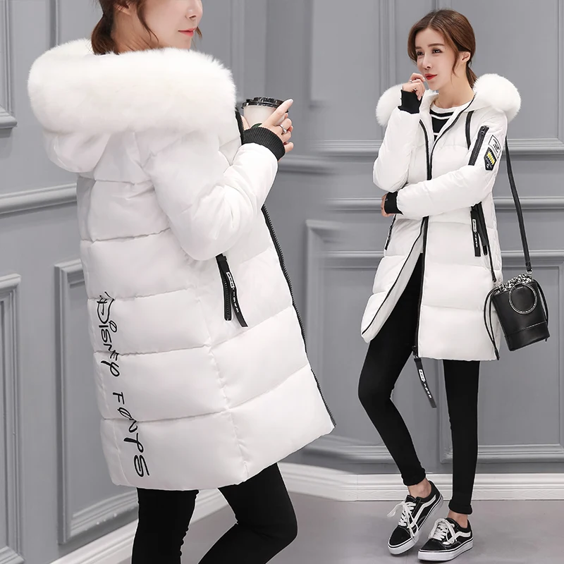 

2019 spring Winter women fur collar Long hoodie Down Jacket Plus Size Long Hooded Duck Down thick Parkas