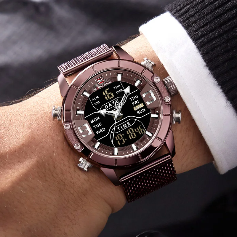 NAVIFORCE, аналоговые цифровые часы для мужчин, роскошные Брендовые спортивные мужские часы из нержавеющей стали, цифровые водонепроницаемые мужские часы, спортивные часы