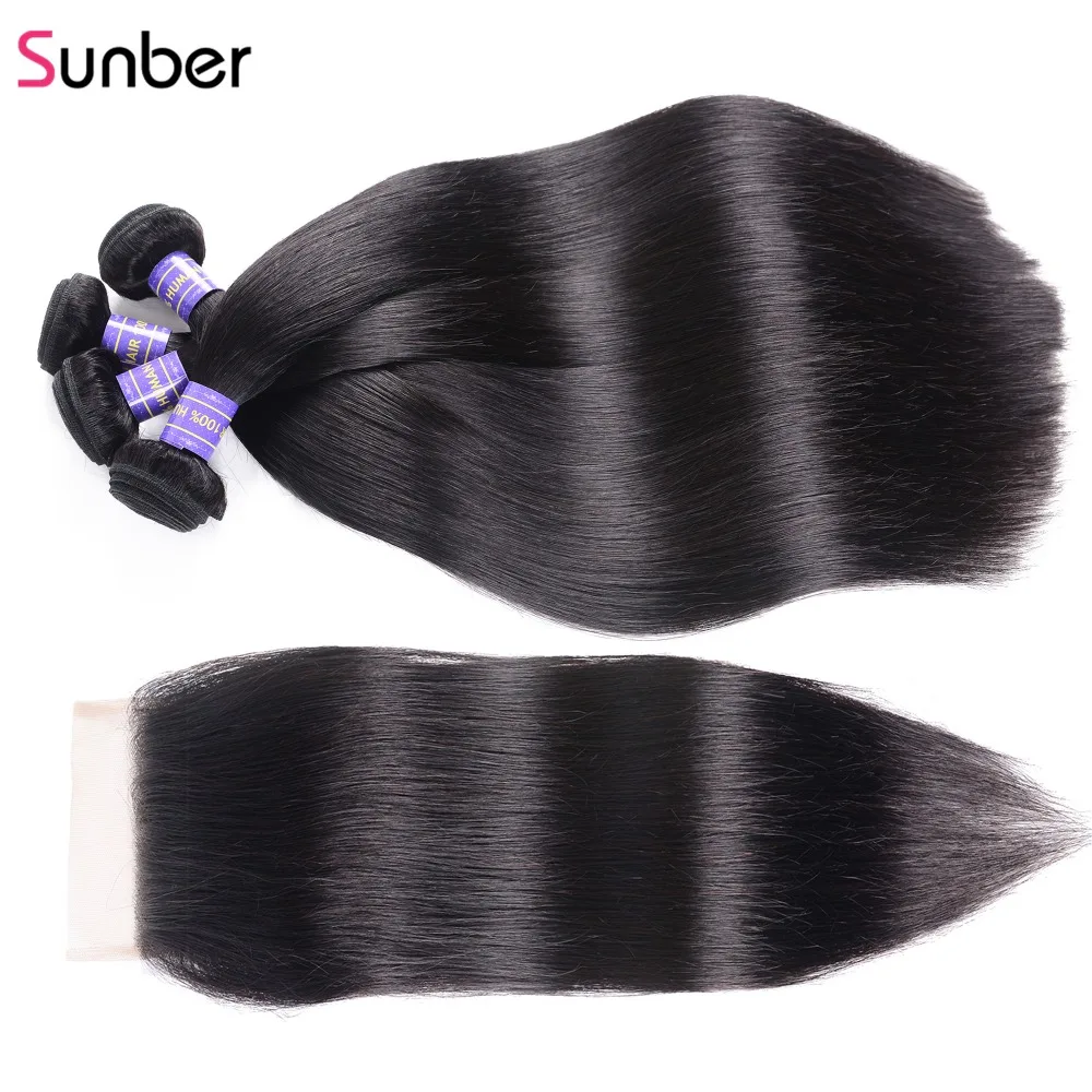 SUNBER HAIR высокое соотношение Remy перуанские прямые волосы 3 пряди с закрытием 4x4 дюймов швейцарское кружево часть закрытие