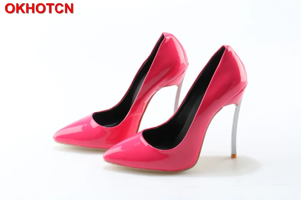 

OKHOTCN Women's Pumps Shoes Metal Heel 12cm High Pointed Toe Shoes Woman Sexy Stiletto Pumps Ladies Wedding Party Pumps Slip On