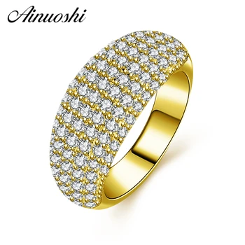 

AINUOSHI Real 14K Half Eternity Matching Band Solid Yellow Gold Pave Setting Rows Drill Wedding Engagement Cluster Ring Jewelry
