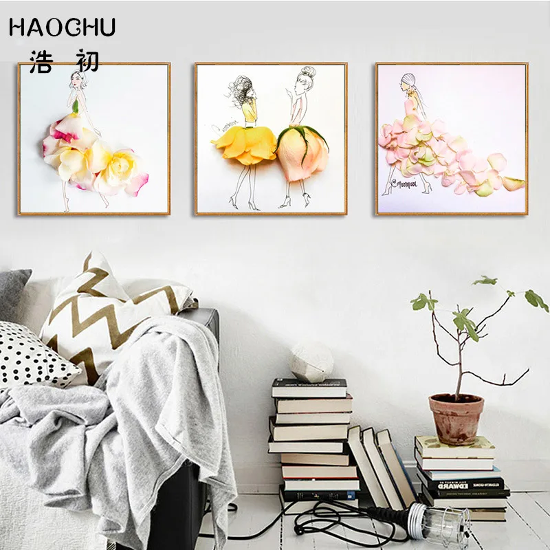 

HAOCHU Nordic three-dimensional flower effect flower girl canvas children's room wall decorations wall art poster wall stickers