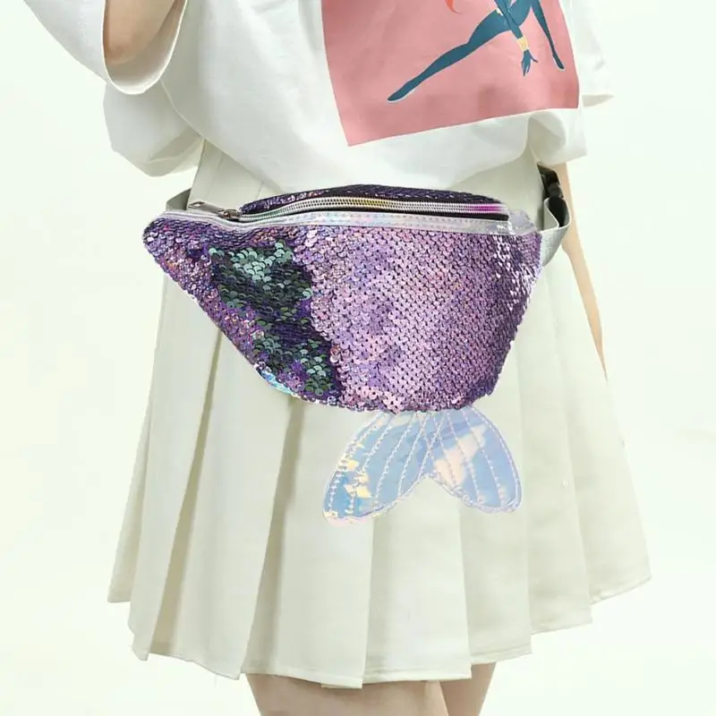 Рыба Форма с блестками для маленькой девочки сумка на плечо; сумка-мешок Яркая блестящая сумка Для женщин блестками талии поясные сумки