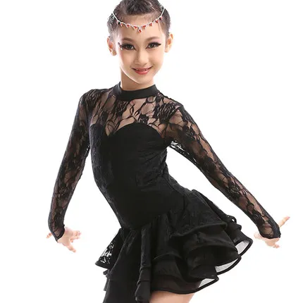 Новинка; одежда для латинских танцев; кружевные детские костюмы для латинских танцев для девочек; костюм для акробатики - Цвет: Черный