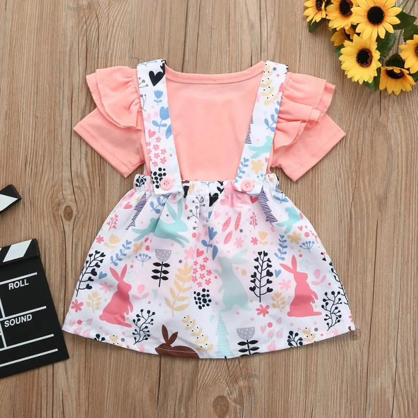 

MUQGEW Toddler Baby Girls Clothing Fashion Short Sleeve Solid Tops+Animal Rabbit Print Skirts 2pcs Clothing Sets Kids Outfits
