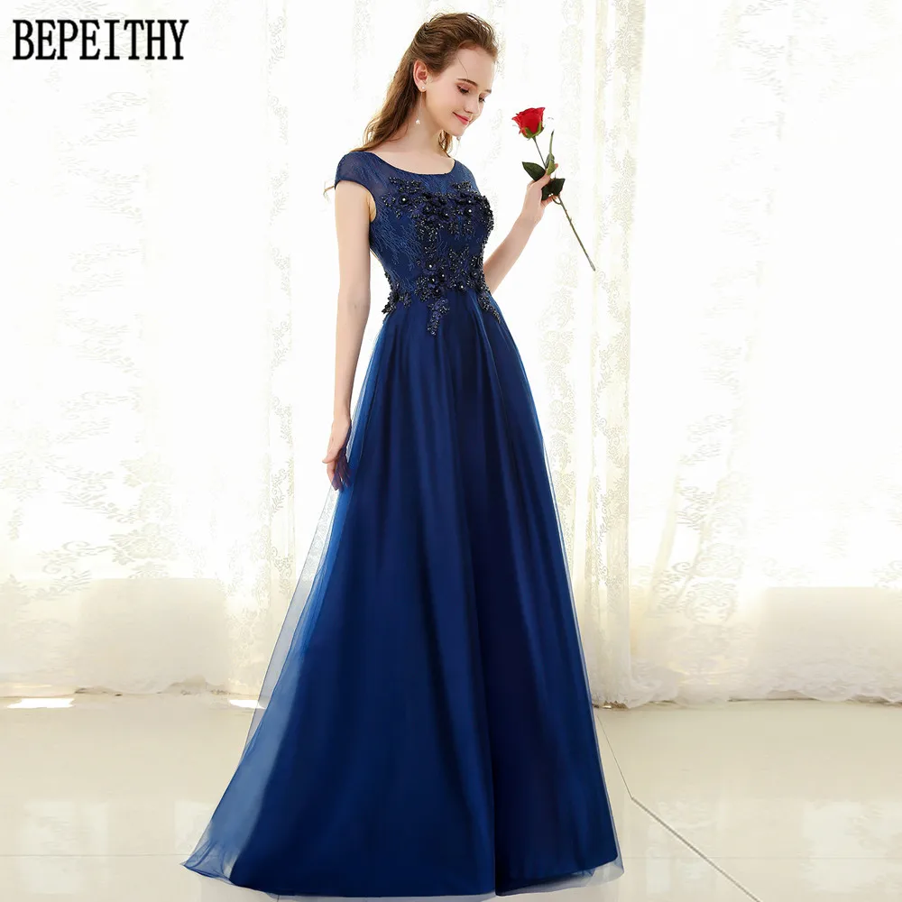 

BEPEITHY Vestido De Festa A-Line Tulle Cap Sleeve Scoop Lace Beads Flower Appliques Navy Blue Prom Dress Long Evening Dress 2019