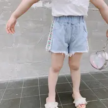 Джинсовые шорты для маленьких девочек; Новинка года; летние хлопковые шорты свободного кроя с металлическими вставками; детские джинсы с эластичной резинкой на талии; От 3 до 12 лет; WS622