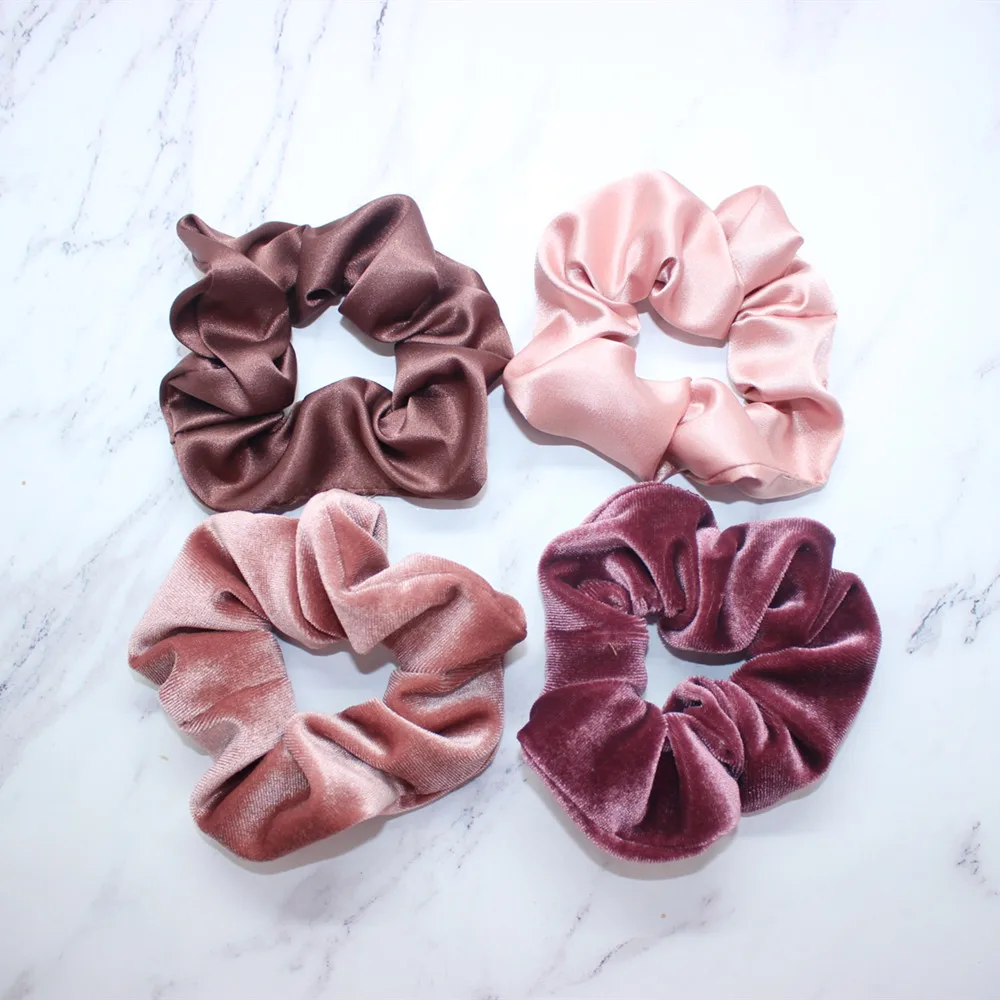 

4 different color flannel elastic hair bands dark rend&lignt pink solid ponytail holders for women girls scrunchies headwear