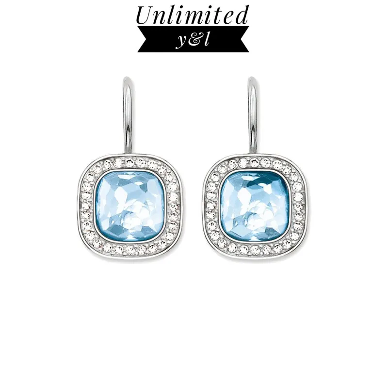 

Square Blue Crystal Drop Earrings for Women and Men White CZ Around Dangle Earrings Silver Fashion Good Jewelry Gifts