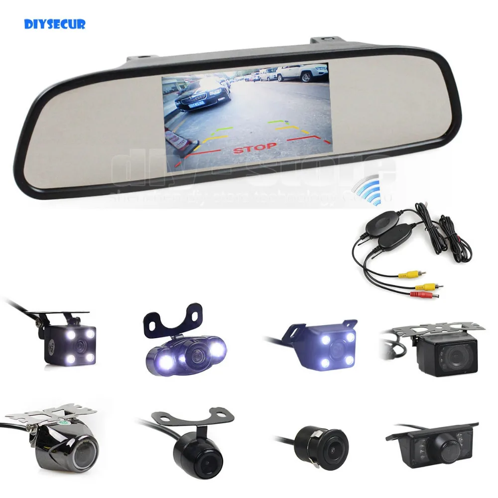 Koop DIYSECUR Draadloze 4.3 inch Auto Achteruitkijkspiegel Monitor Auto Parking Vedio + Backup Reverse Camera HD Auto Achteruitrijcamera