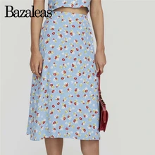 Bazaleas шикарные боковые пуговицы женские юбки с высокой талией синие юбки с цветочным принтом винтажная Юбка-миди с запахом Прямая