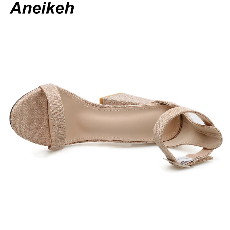 Aneikeh/ г. классические искусственные женские сандалии однотонные летние туфли на высоком квадратном каблуке с пряжкой и ремешком, с круглым носком, на квадратном каблуке, бледно-золотистый цвет, 35-42