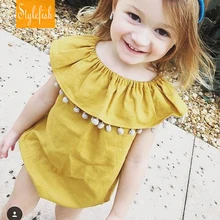 2016 New female baby Children Siamese Romper Summer Cotton Hairball Flounced collar Triangle Climbing Clothes