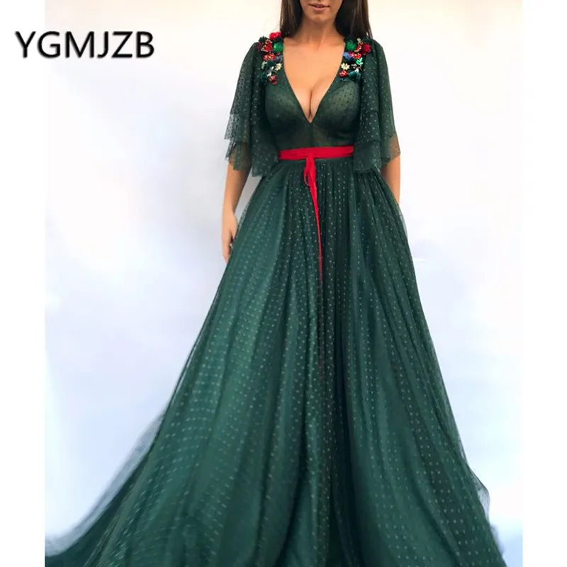

Elegant Lace Long Evening Dresses 2019 A-Line Deep V-Neck Puffy Half Sleeves Saudi Arabic Women Formal Prom Gown Party Dress