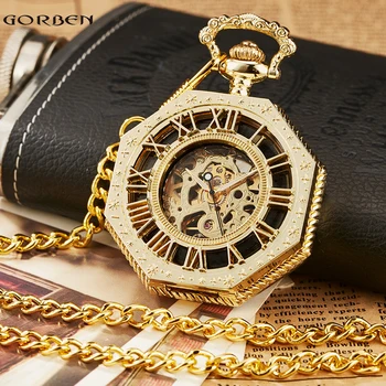 

Retro Unique Octagon Roman Numeral Steampunk Pocket Watch with FOB Chain Full Steel Mechanical Hand-winding Reloj de bolsillo