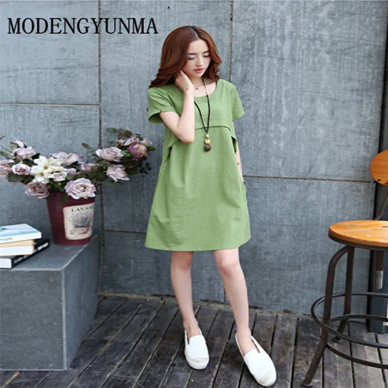 

MODENGYUNMA Maternity Dress Solid Color Linen Dress 2018 Summer Casual Short-sleeved Breastfeeding Maternity Dress