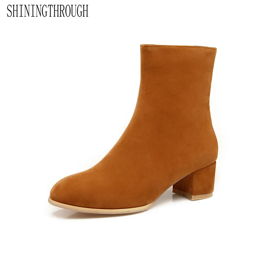 

SHININGTHROUGH High Quality Ankle Boot Suede pu Leather Women Boots Zip Short Plush Spring Autumn Boots Plus Size Shoes