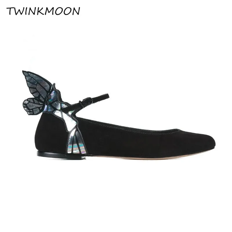 

Butterfly Wing Mary Jean Shoes Women Flats Designer Round Toe Black Flock Ankle Strape Buckle Shoes zapatos de mujer