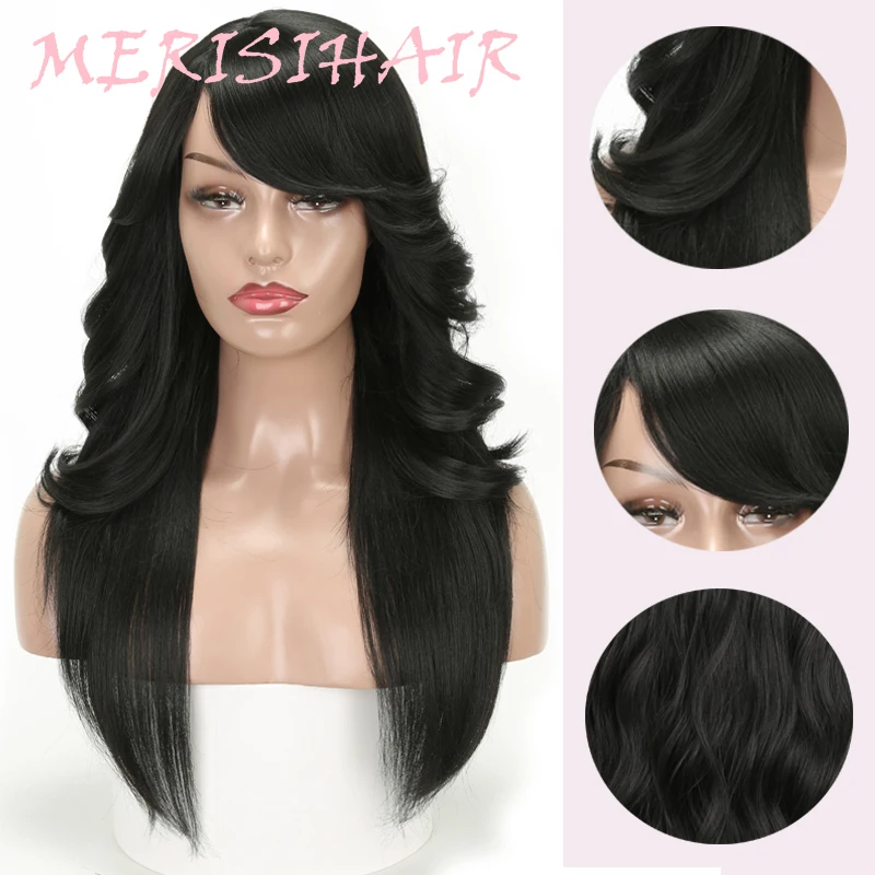MERISI HAIR Black Color Long Straight With Bangs Hairstyle Curly And Straight Hair Mix Synthetic Wigs Black Women Heat Resistant (2)