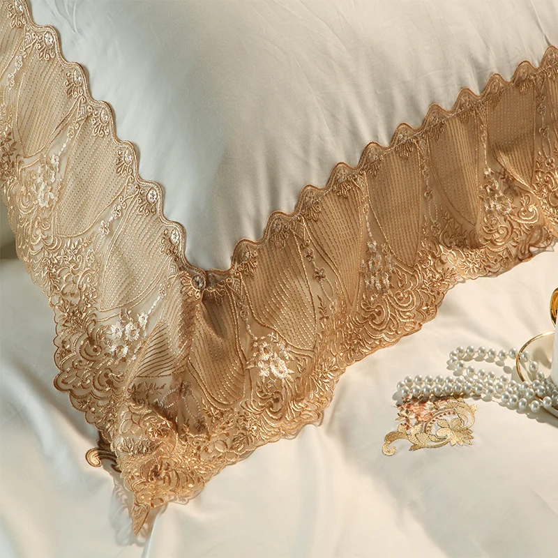 Golden Embroidery Royal Lace Egyptian Cotton Bedding Set