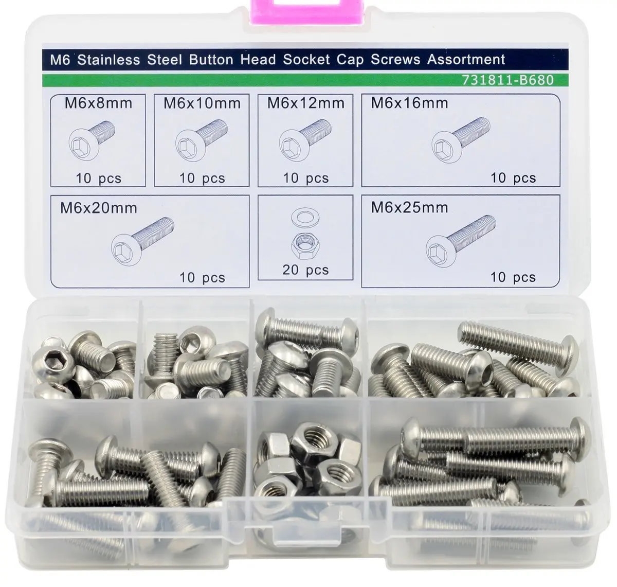 M6 Button Head Socket Cap Screws,Hex Nuts,Flat Washers,Assortment Kit
