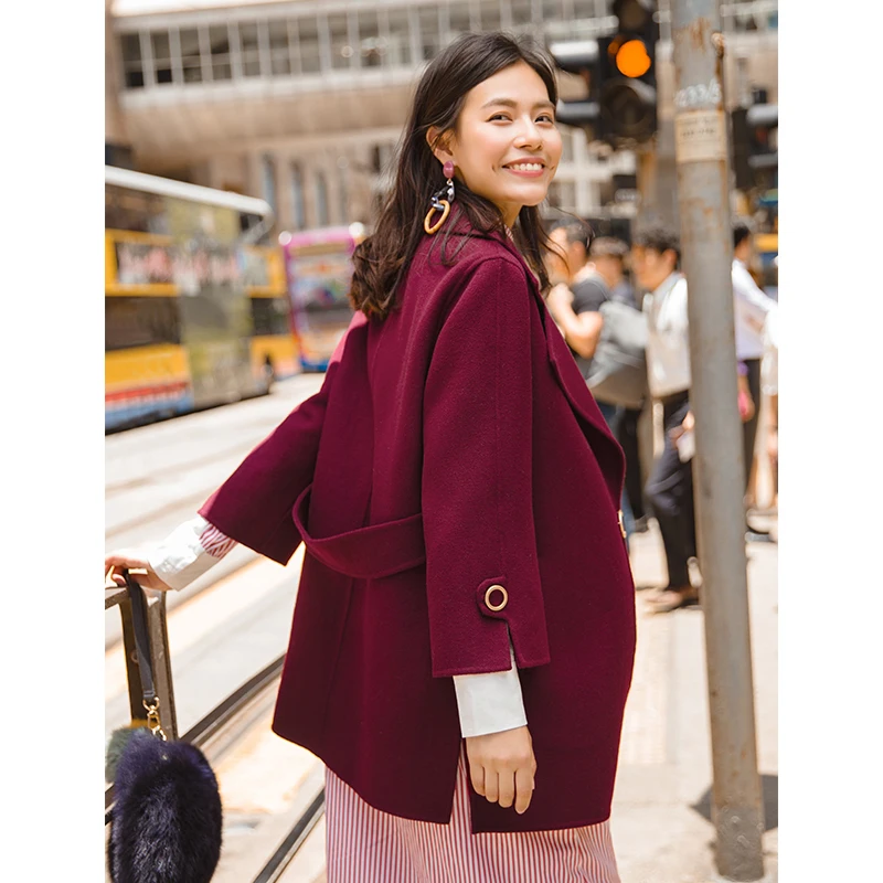 Manteau dark Double Laine Causal Inman Apricot camel Red Yellow Tournent Camel Le Styl Automne Femmes Bas Côté Moyen Vers purple Long wyvn0Om8NP