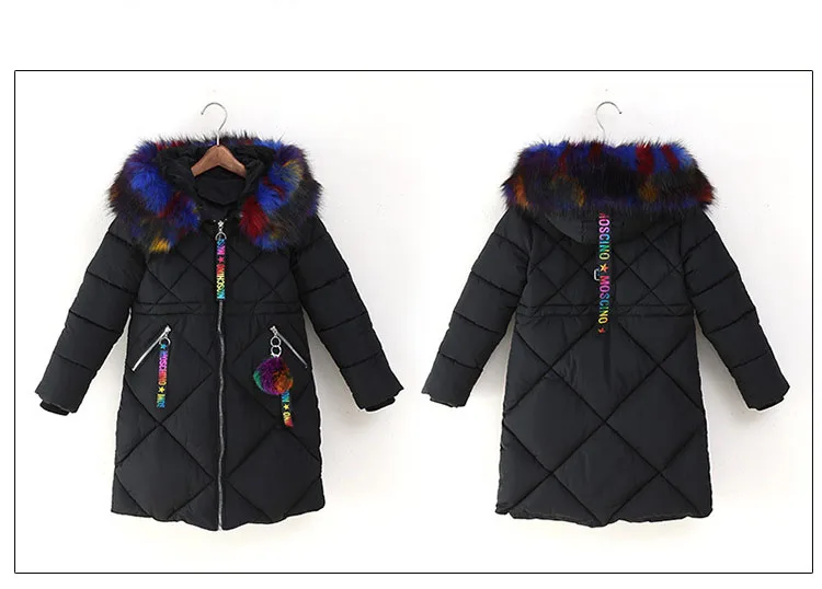Хлопковое Стеганое пальто для девочек до-30 градусов Новинка года, детская зимняя длинная куртка детская модная разноцветная куртка с меховым воротником От 3 до 12 лет