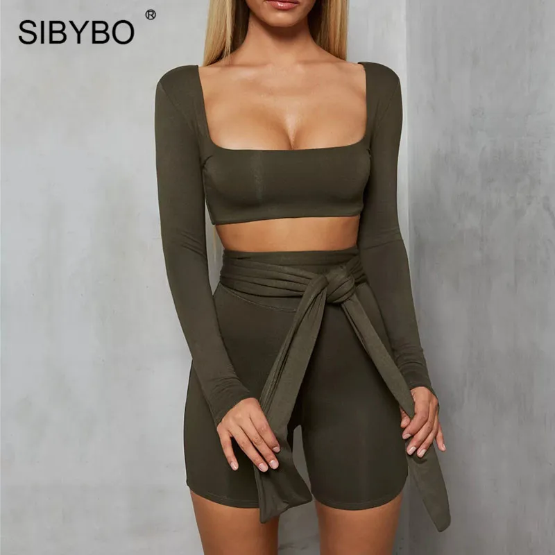 Sibybo, осенний комплект из двух предметов с длинным рукавом, женский квадратный воротник, шнурок, сексуальный укороченный топ и шорты, комплект с открытой спиной, повседневный Женский комплект - Цвет: Армейский зеленый