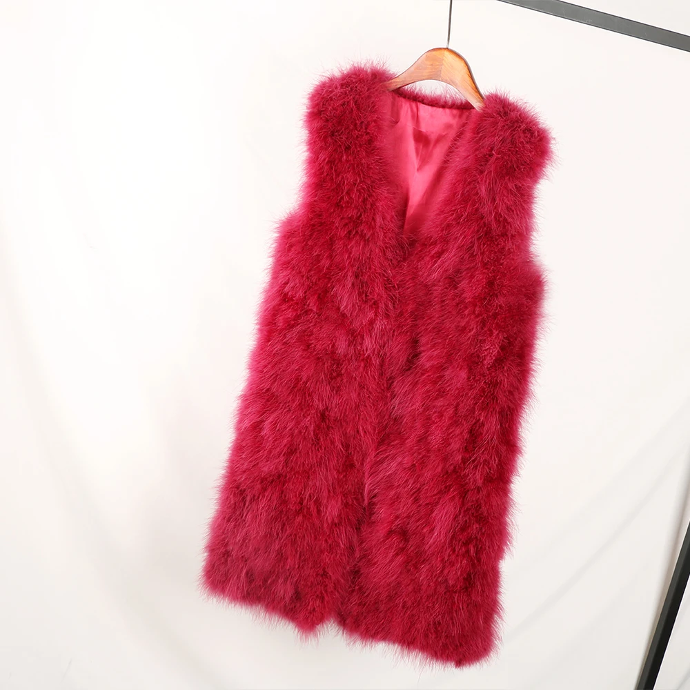 women fur waistcoat of natural ostrich feather New style fluffy autumn winter warm fur vest pink dark green 90cm length V24 Coats