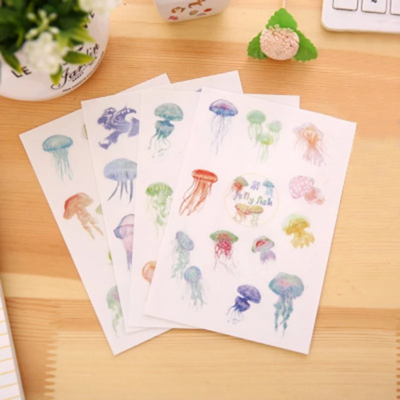 

4pcs/lot DIY Sticker Scrapbooking Cute Jellyfish Art Flakes Transparent Diary Planner School and Office Supply Kids Gift