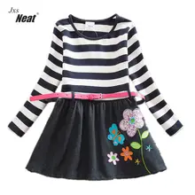 Хлопковое платье с длинными рукавами и вышивкой для девочек; сезон весна-осень; джинсовое платье с поясом; платье с длинными рукавами для девочек; LH7026