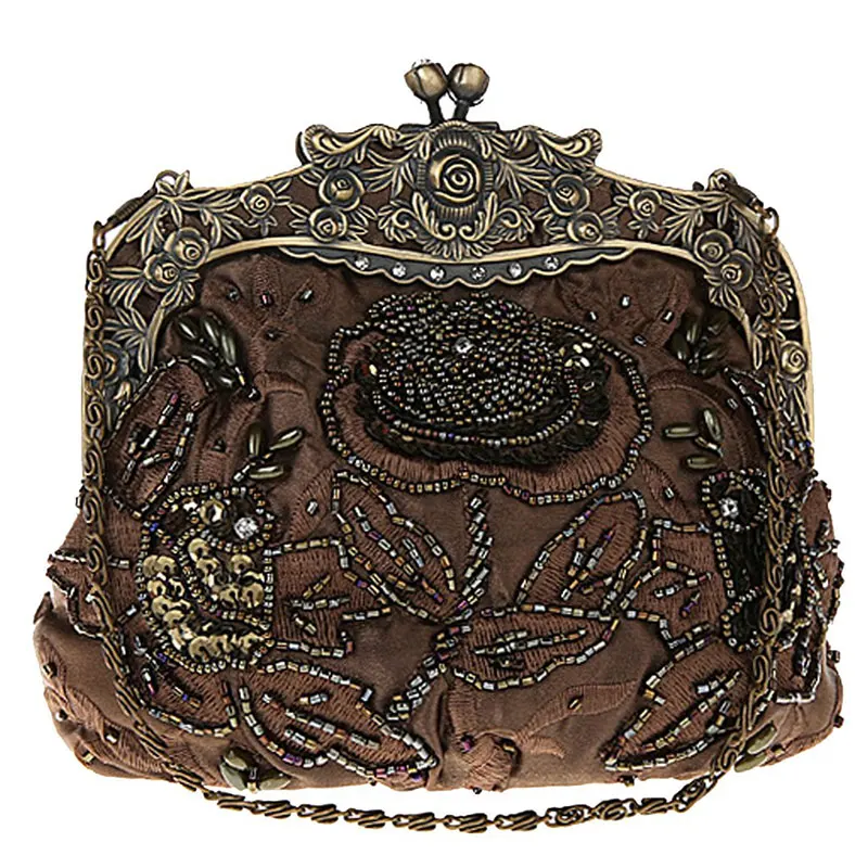Women's Antique Beaded Party Clutch Vintage Rose Purse Evening Handbag (18)