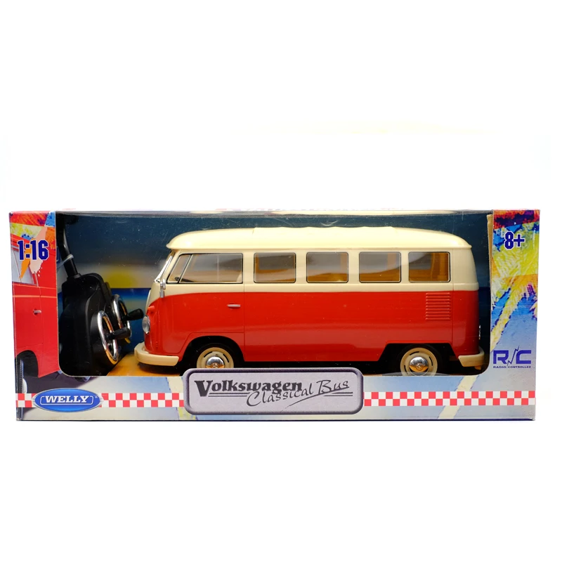 Точная имитация эксклюзивный Diecasts& Toy Vehicles: WELLY игрушки с дистанционным управлением T1 Van Ретро Классический автобус 1:16 Модель автобуса RC автомобили